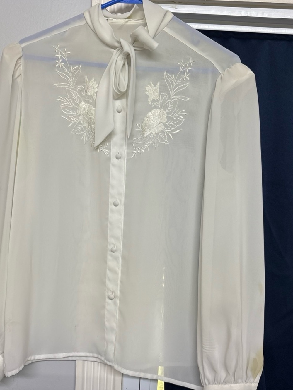 Ivory Tie-Neck Embroidered Sheer Button-Down Blouse